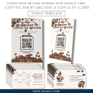 COFFEE SHOP QR CODE STANDEE WITH LOYALTY CARD 5 DESIGNS | CANVA TEMPLATE