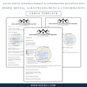 HOUSE RENTAL ACKNOWLEDGMENT & CONFIRMATION RECEIPT(A4 SIZE) | CANVA TEMPLATE