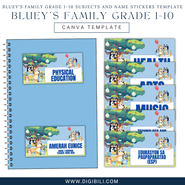 BLUEY’S FAMILY GRADE 1-10 SUBJECTS AND NAME STICKERS TEMPLATE