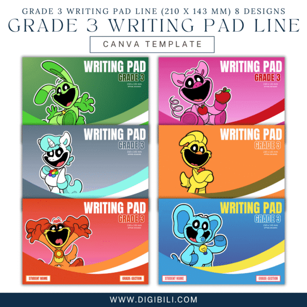 GRADE 3 WRITING PAD LINE (210 x 143 mm) SMILING CRITTERS 8 DESIGNS TEMPLATE - Image 2