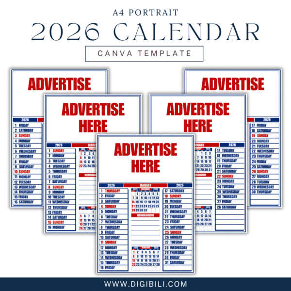 2026 CALENDAR 12 PAGES A4 SIZE PORTRAIT TEMPLATE