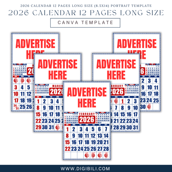 2026 CALENDAR 12 PAGES LONG SIZE (8.5X14) PORTRAIT TEMPLATE