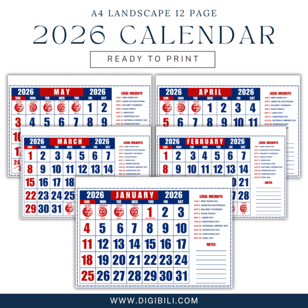 2026 CALENDAR LANDSCAPE A4 SIZE 12 PAGES TEMPLATE