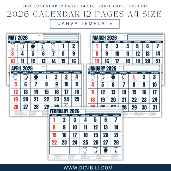 2026 CALENDAR 12 PAGES A4 SIZE LANDSCAPE TEMPLATE