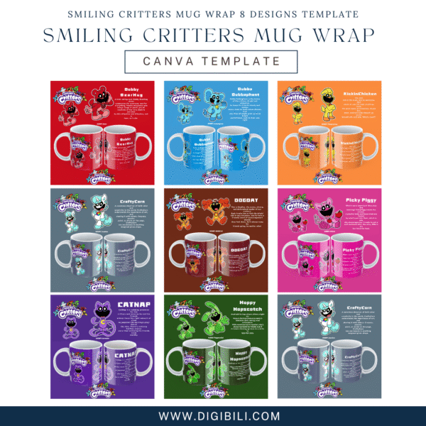 SMILING CRITTERS MUG WRAP 8 DESIGNS TEMPLATE
