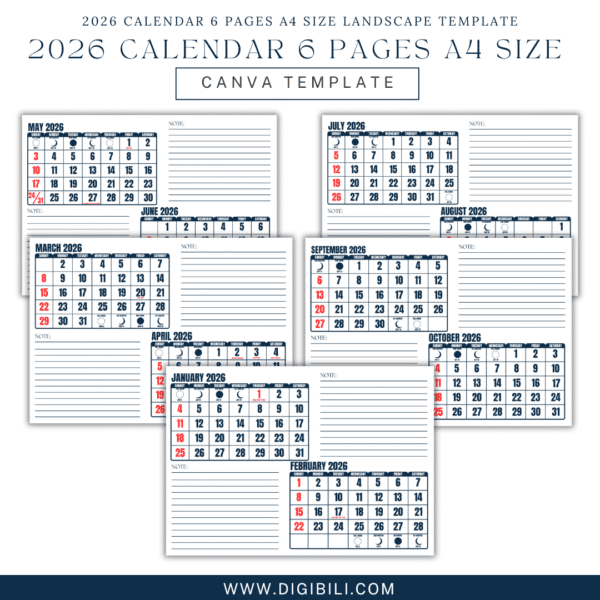 2026 CALENDAR 6 PAGES A4 SIZE LANDSCAPE TEMPLATE