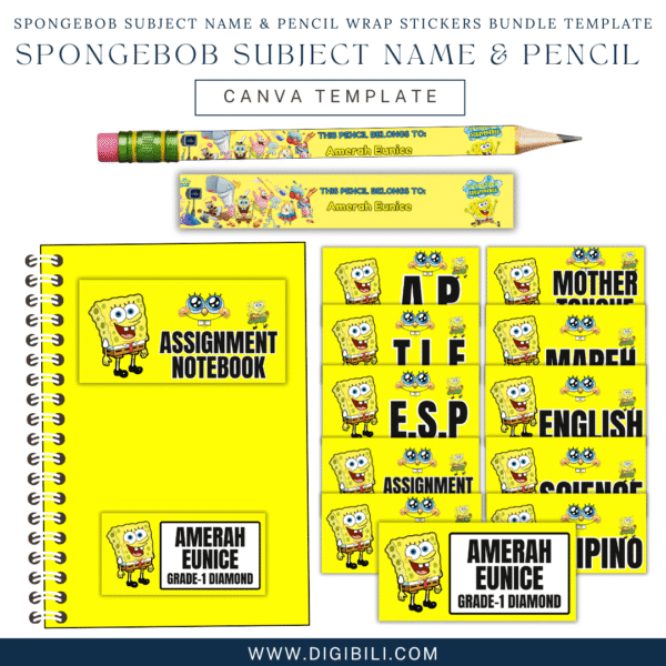 SPONGEBOB SUBJECT NAME & PENCIL WRAP STICKERS BUNDLE TEMPLATE