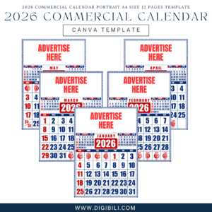 2026 COMMERCIAL CALENDAR PORTRAIT A4 SIZE 12 PAGES TEMPLATE