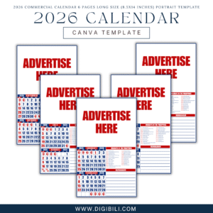 2026 COMMERCIAL CALENDAR 6 PAGES LONG SIZE (8.5X14 INCHES) PORTRAIT TEMPLATE