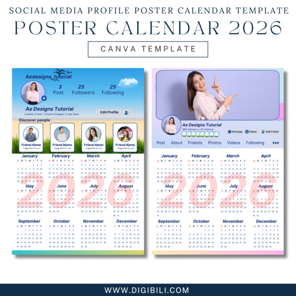 SOCIAL MEDIA PROFILE POSTER CALENDAR 2026 (A4,A3 SIZE) TEMPLATE - Image 2