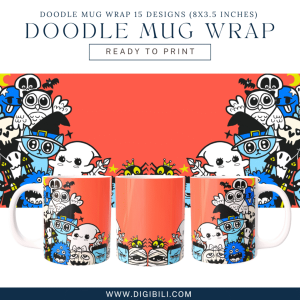 DOODLE MUG WRAP 15 DESIGNS (8X3.5 INCHES)  W/MOCKUP PNG & TEMPLATE - Image 9