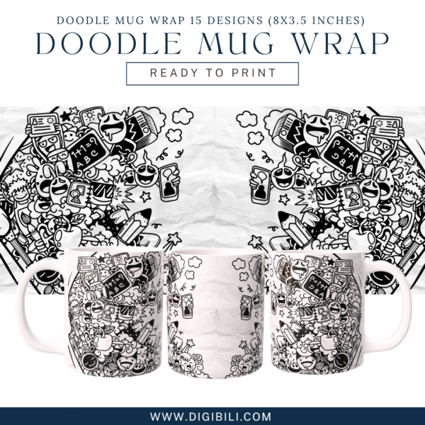 DOODLE MUG WRAP 15 DESIGNS (8X3.5 INCHES)  W/MOCKUP PNG & TEMPLATE - Image 14