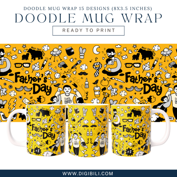 DOODLE MUG WRAP 15 DESIGNS (8X3.5 INCHES)  W/MOCKUP PNG & TEMPLATE