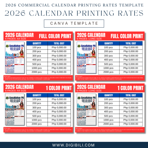 2026 COMMERCIAL CALENDAR PRINTING RATES (A4 SIZE) TEMPLATE