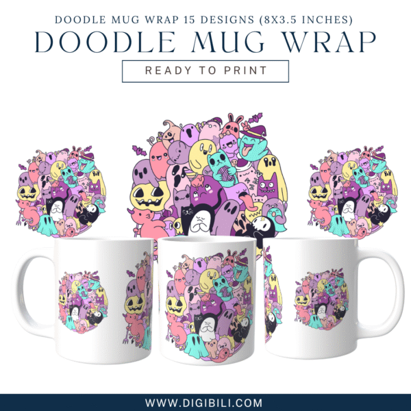 DOODLE MUG WRAP 15 DESIGNS (8X3.5 INCHES)  W/MOCKUP PNG & TEMPLATE - Image 11