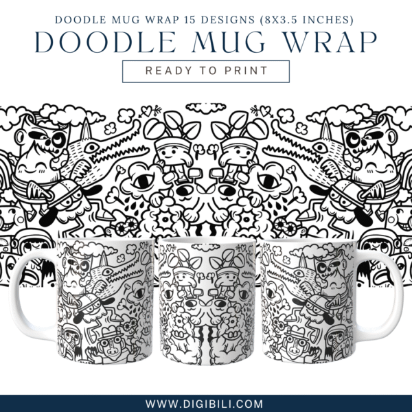 DOODLE MUG WRAP 15 DESIGNS (8X3.5 INCHES)  W/MOCKUP PNG & TEMPLATE - Image 13