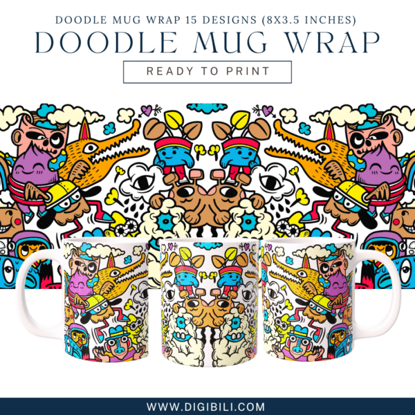 DOODLE MUG WRAP 15 DESIGNS (8X3.5 INCHES)  W/MOCKUP PNG & TEMPLATE - Image 3