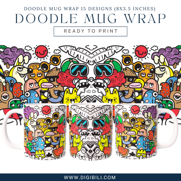 DOODLE MUG WRAP 15 DESIGNS (8X3.5 INCHES)  W/MOCKUP PNG & TEMPLATE - Image 2
