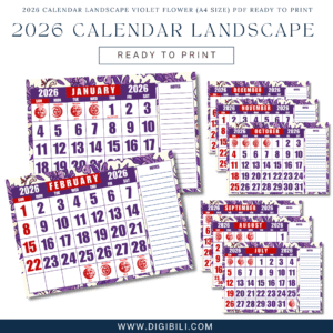 2026 CALENDAR LANDSCAPE VIOLET FLOWER (A4 SIZE) PDF READY TO PRINT