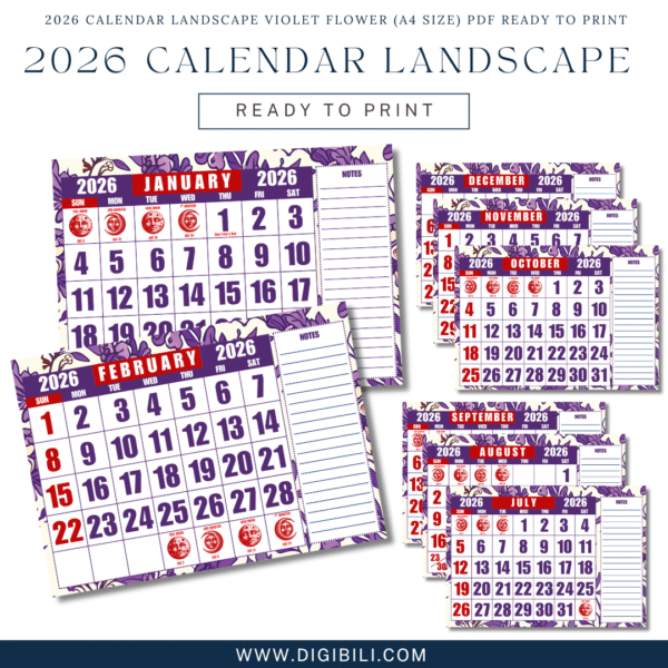 2026 CALENDAR LANDSCAPE VIOLET FLOWER (A4 SIZE) PDF READY TO PRINT