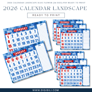 2026 CALENDAR LANDSCAPE BLUE FLOWER (A4 SIZE) PDF READY TO PRINT