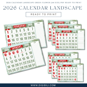 2026 CALENDAR LANDSCAPE GREEN FLOWER (A4 SIZE) PDF READY TO PRINT