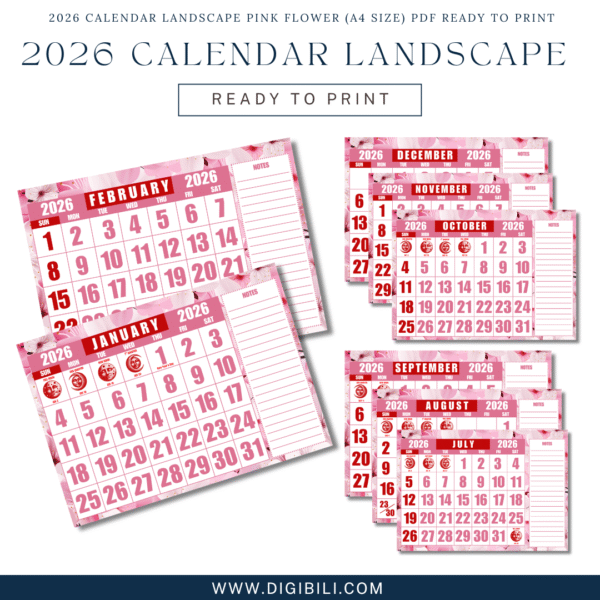 2026 CALENDAR LANDSCAPE PINK FLOWER (A4 SIZE) PDF READY TO PRINT
