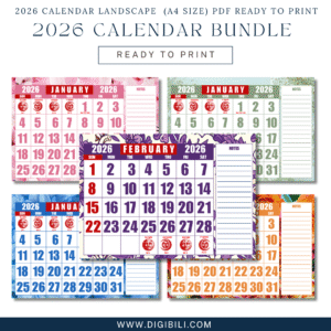 2026 CALENDAR LANDSCAPE BUNDLE 5 DESIGNS (A4 SIZE) PDF READY TO PRINT