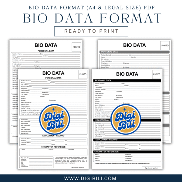 BIO DATA FORMAT A4 (8.27 x 11.69 in) & LONG (8.5 x 13 in) PDF READY TO PRINT