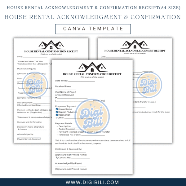 HOUSE RENTAL ACKNOWLEDGMENT & CONFIRMATION RECEIPT(A4 SIZE) TEMPLATE