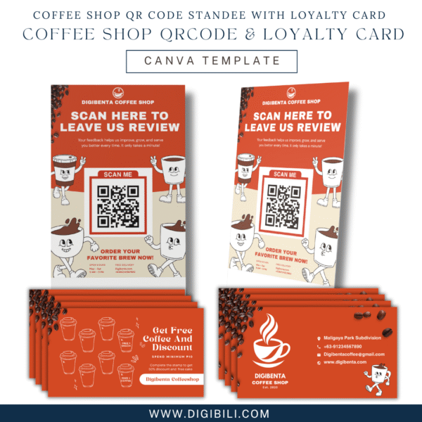 COFFEE SHOP QR CODE STANDEE WITH LOYALTY CARD 5 DESIGNS TEMPLATE - Image 2
