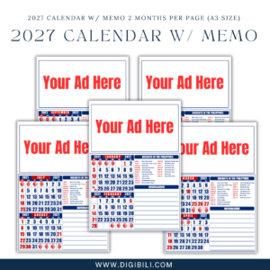 2027 CALENDAR W/ MEMO 2 MONTHS PER PAGE (A3 SIZE)